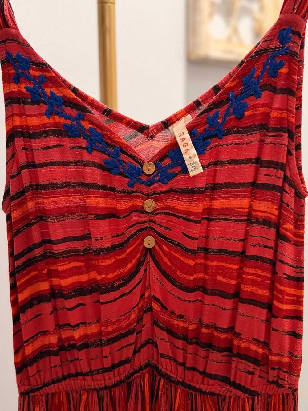 RAGA Red Maxi Dress with Blue Embroidered Trim - Picture 5 of 5